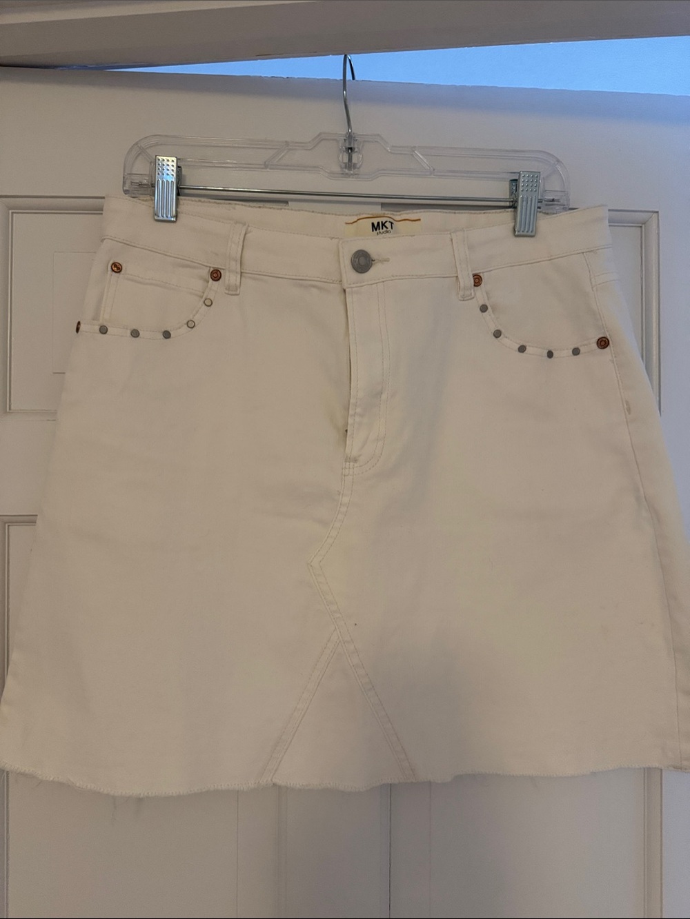 MKT Studio White Denim Mini Skirt with Stud Detail